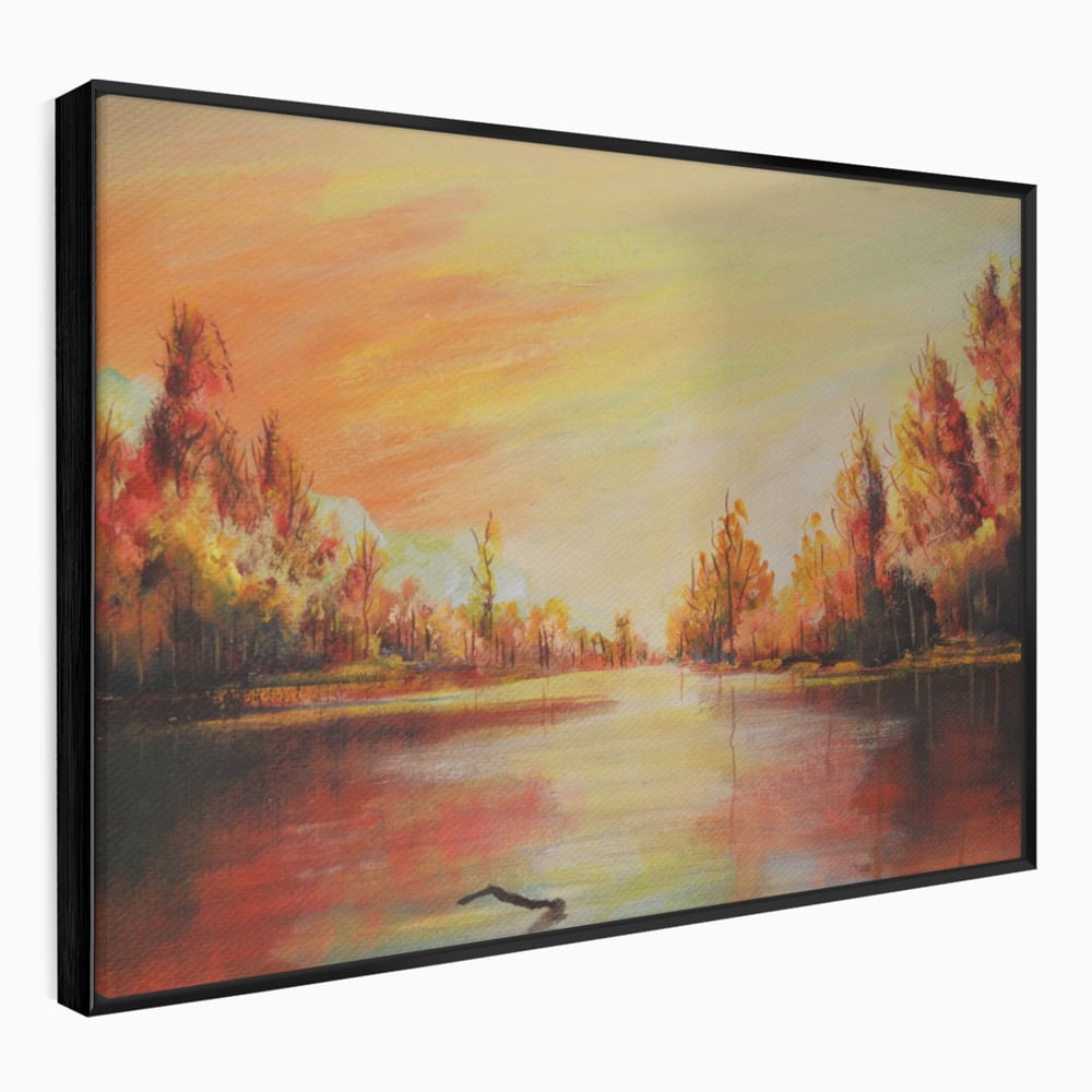 Tablou canvas cu pictura cu peisaj de toamna si lac, in rama de aluminiu negru